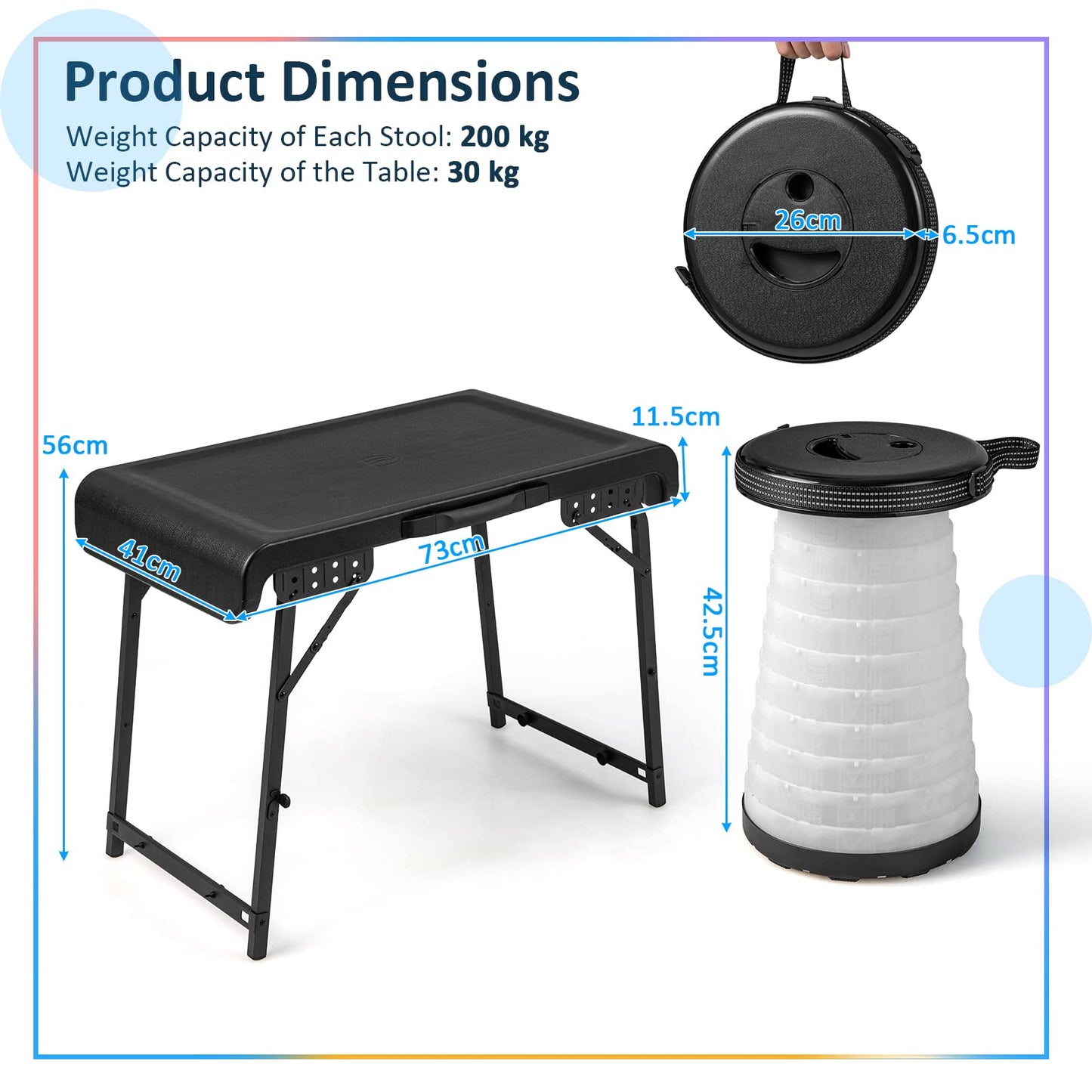 3-Piece Folding Table Stool Set with a Camping Table & 2 Retractable LED Stools