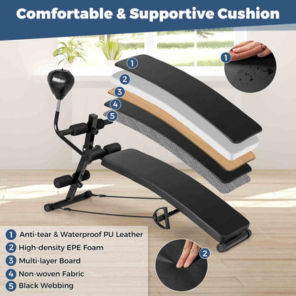 Foldable Decline Sit Up Bench 5-Level Adjustable Curved Slant Board Ab Exercise Bench w/Speed Ball