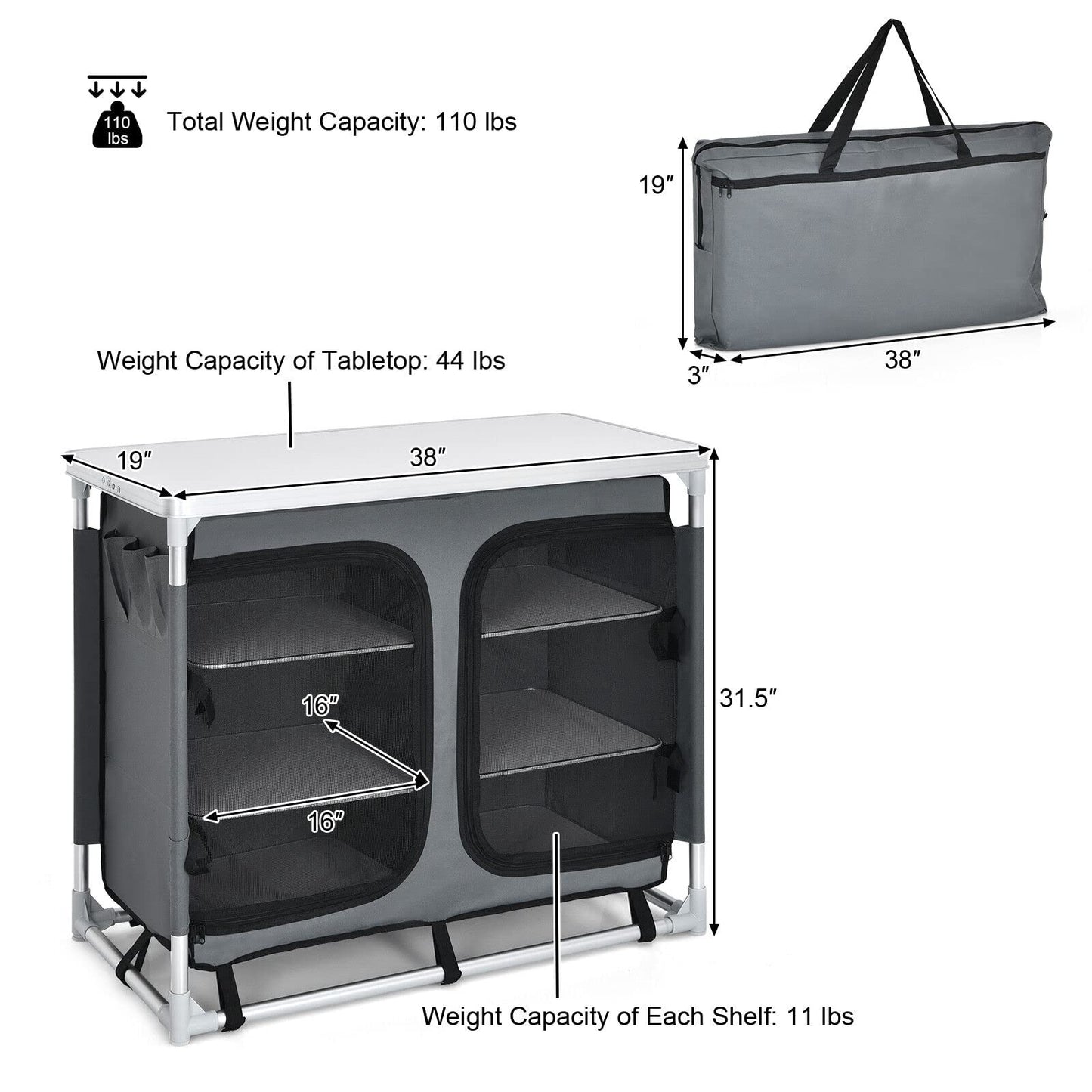 Aluminum Camping Table Portable Camping Kitchen Cupboard Table with Zippered Storage Shelves and Carrying Bag
