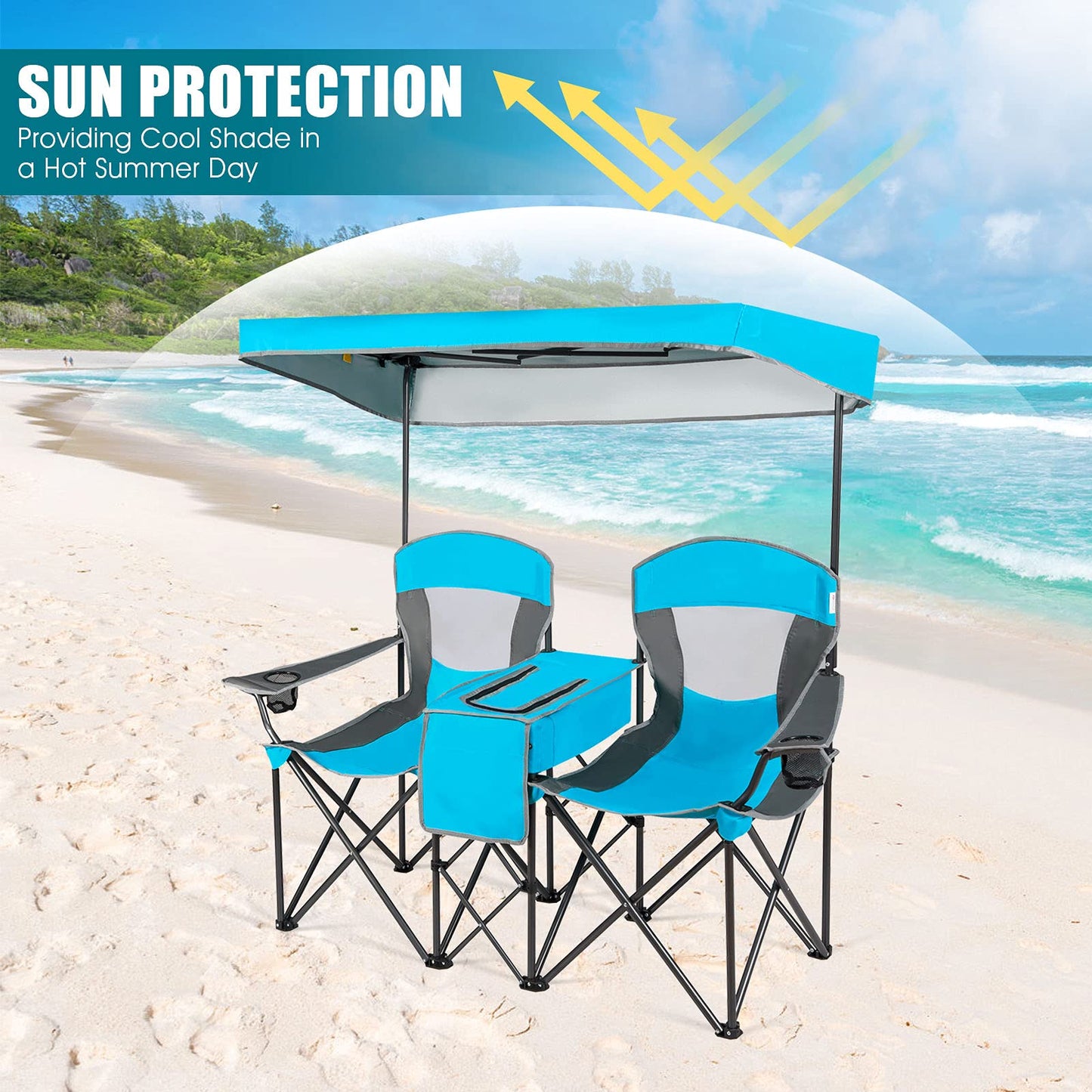 Double Folding Canopy Chair Outdoor 2-Person Camping Seat with Adjustable Sun Shade
