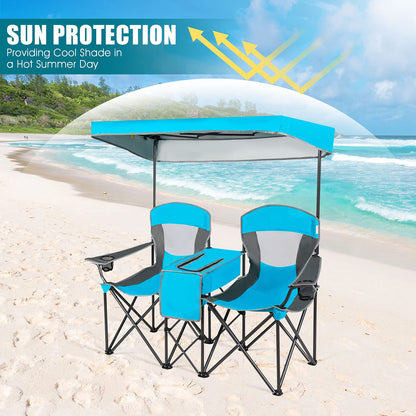 Double Folding Canopy Chair Outdoor 2-Person Camping Seat with Adjustable Sun Shade