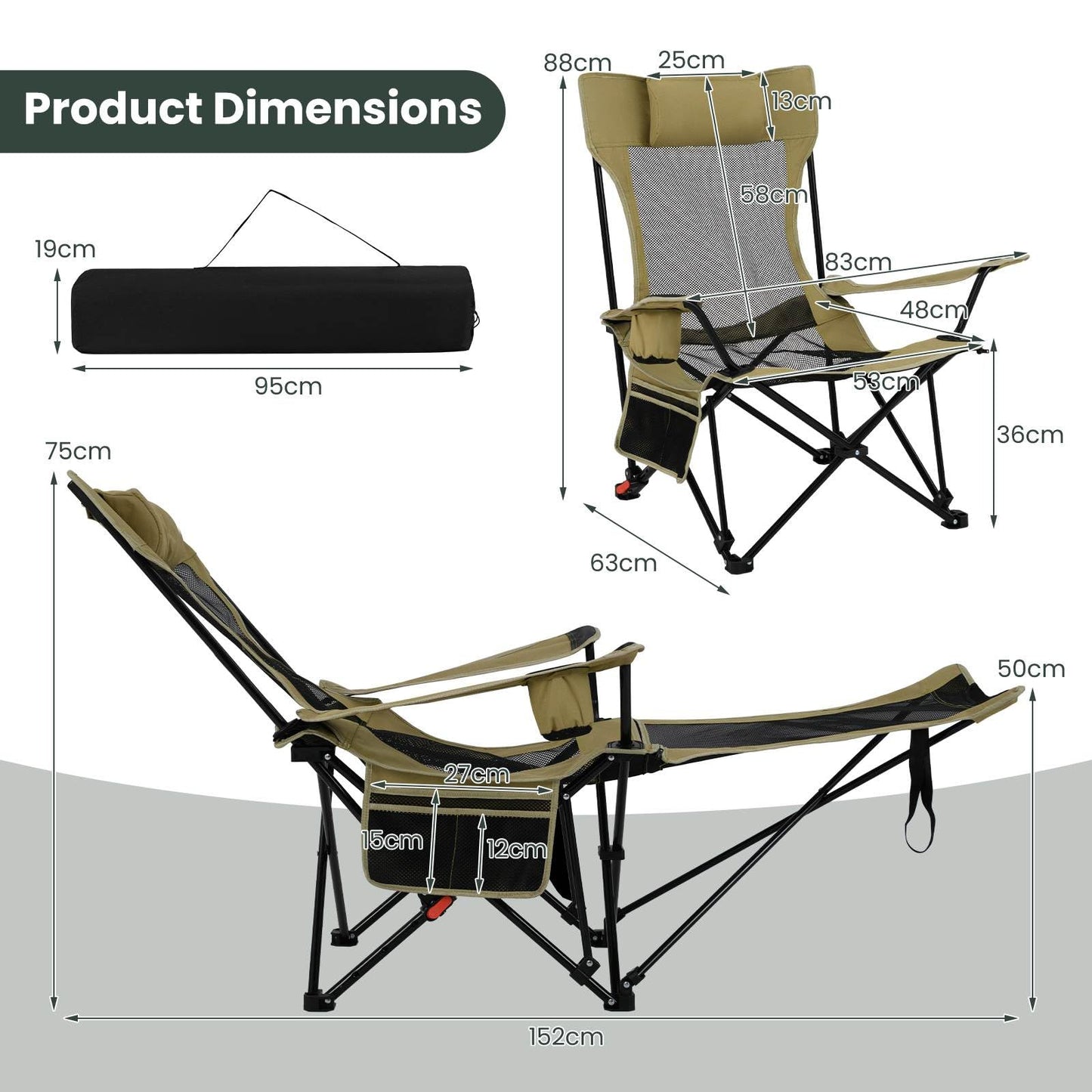 2 in 1 Portable Camping Chair with Detachable Footrest Adjustable Backrest