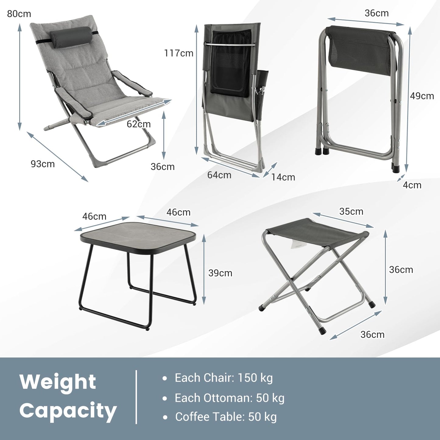 5 Piece Patio Sling Chair Set with Ottoman & Coffee Table
