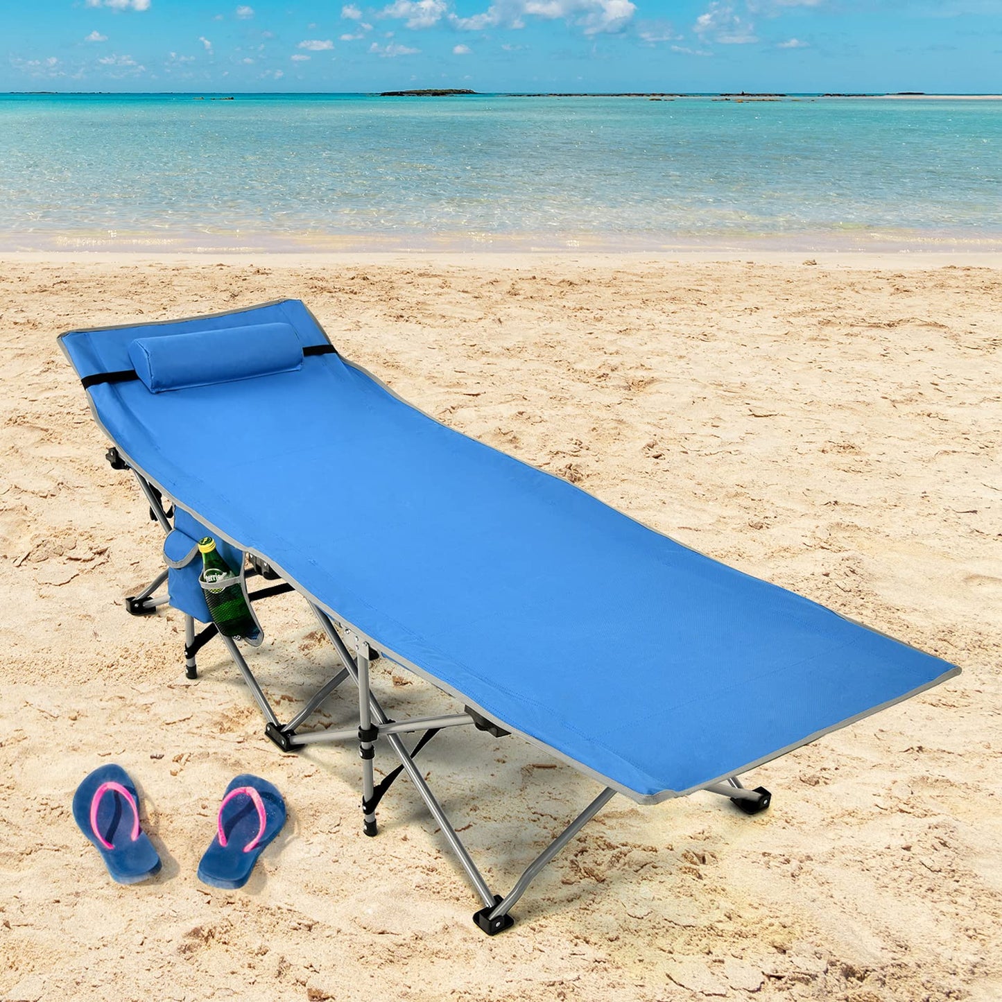 Folding Camping Cot Heavy-Duty Outdoor Cot Bed w/Side Storage Pocket