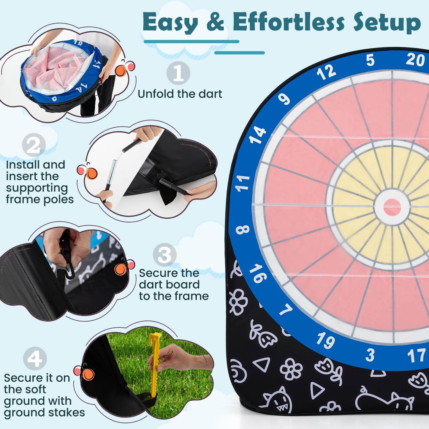 Foldable & Portable Dartboard with 4 Kick Balls Carrying Bag for Kids