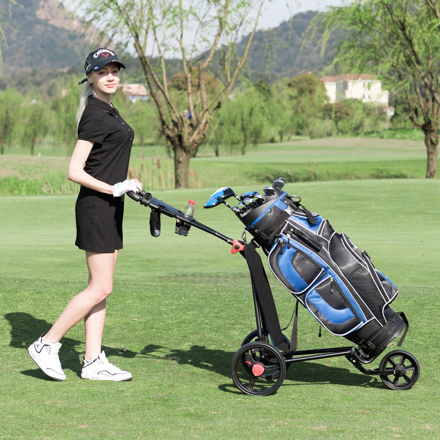 3 Wheel Golf Push Cart Folding Collapsible Lightweight Iron Golf Pull Cart with Adjustable TPR Handle