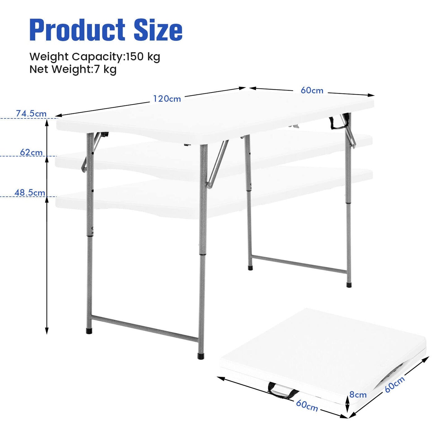 Portable Bi-fold Picnic Table with 3-Level Height Adjustment Carrying Handle