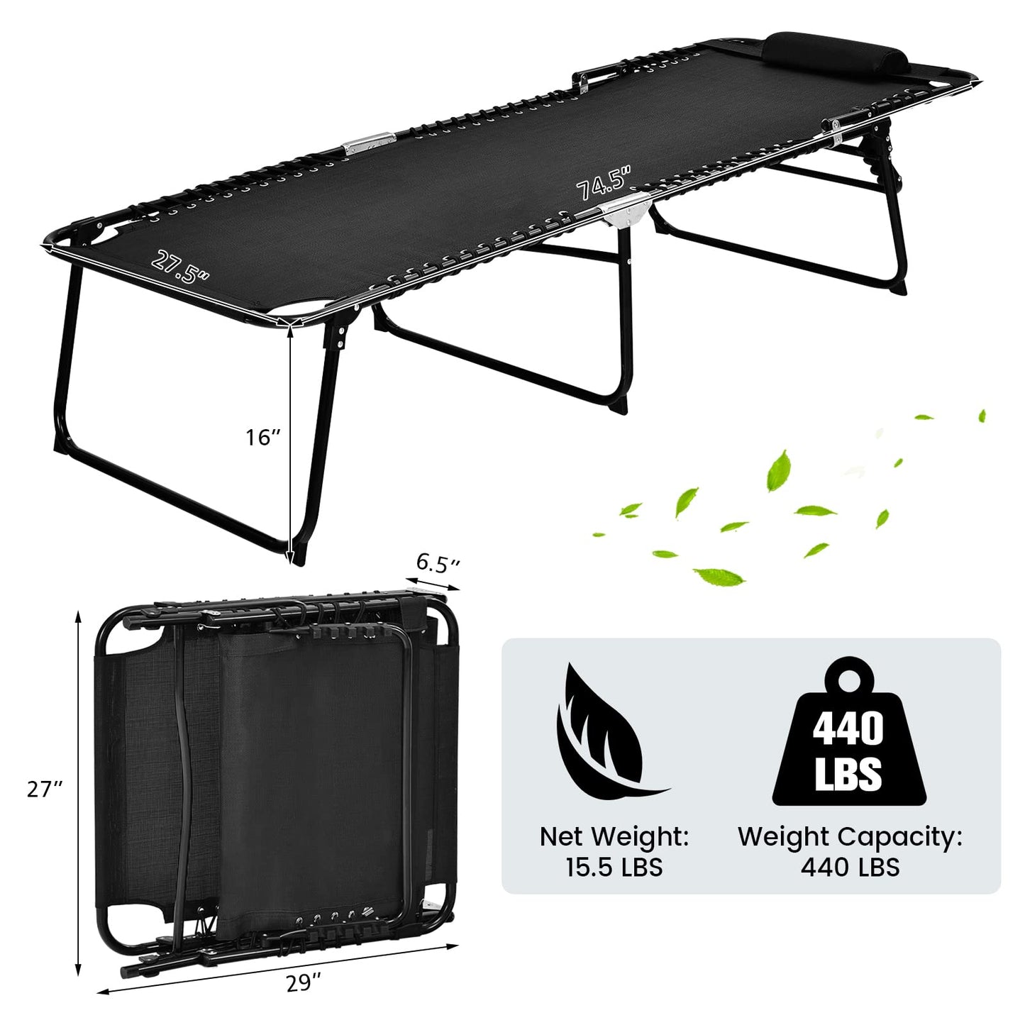 Beach Lounge Chair, X-Large Folding Chaise Lounger with Detachable Pillow