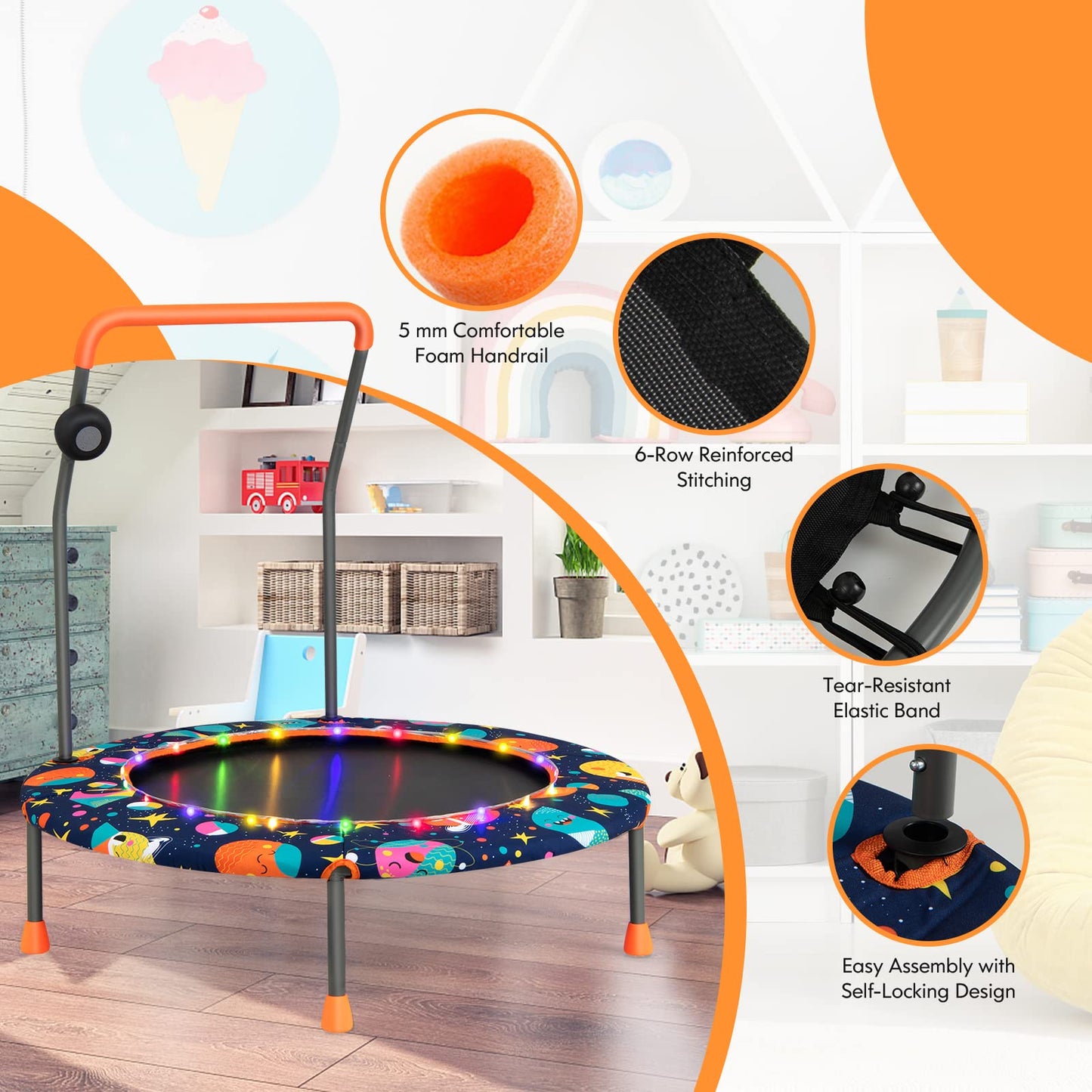 Toddler Music Trampoline with Colorful LED Lights for Kids