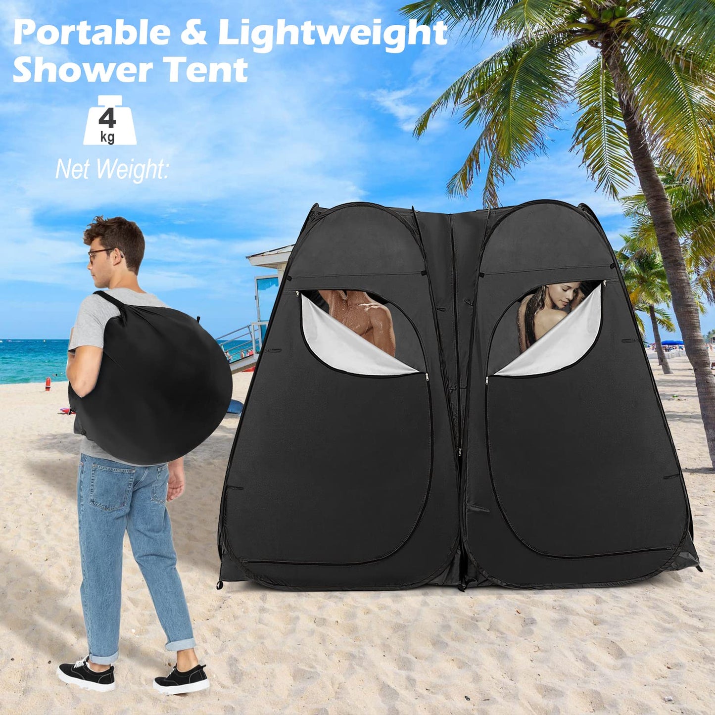 Double Room Outdoor Privacy Tent with Window Floor Storage Pocket