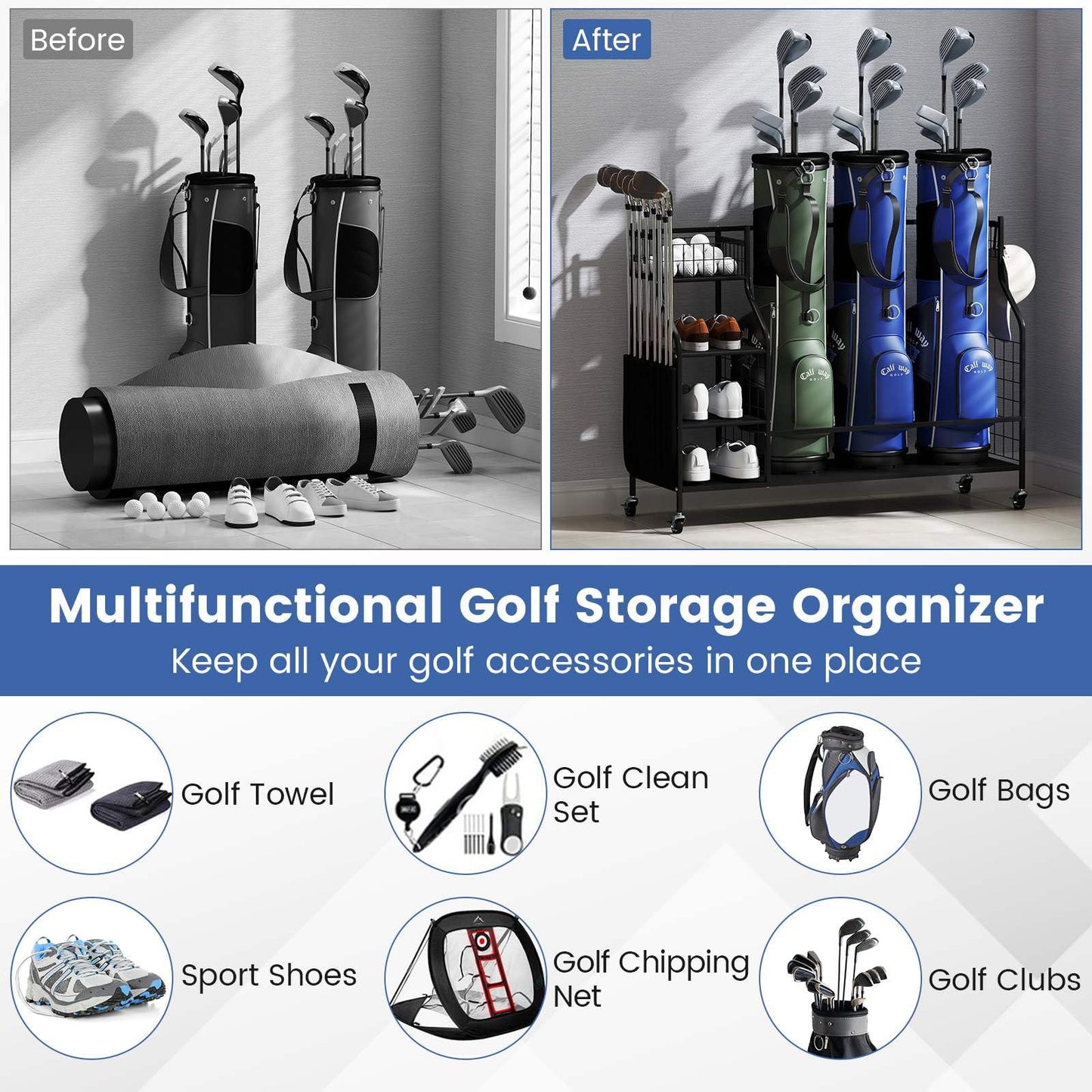 3 Golf Bag Stand for Clubs with Lockable Wheels