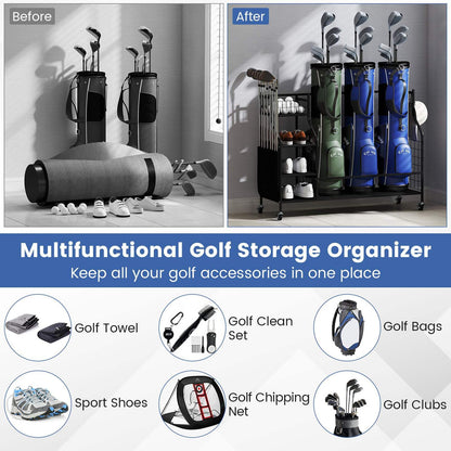 3 Golf Bag Stand for Clubs with Lockable Wheels