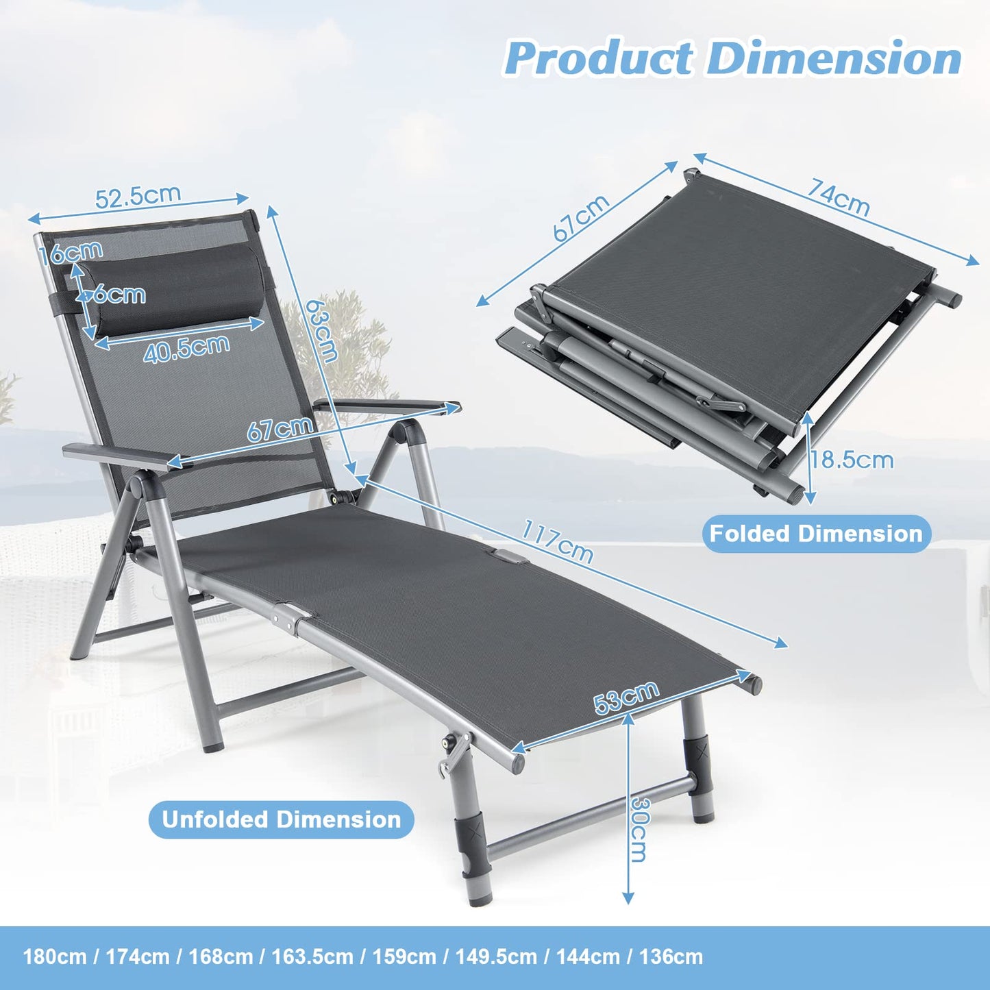 Outdoor Aluminum Chaise Lounge Chair with 8 Back and 2 Leg Adjustable Positions
