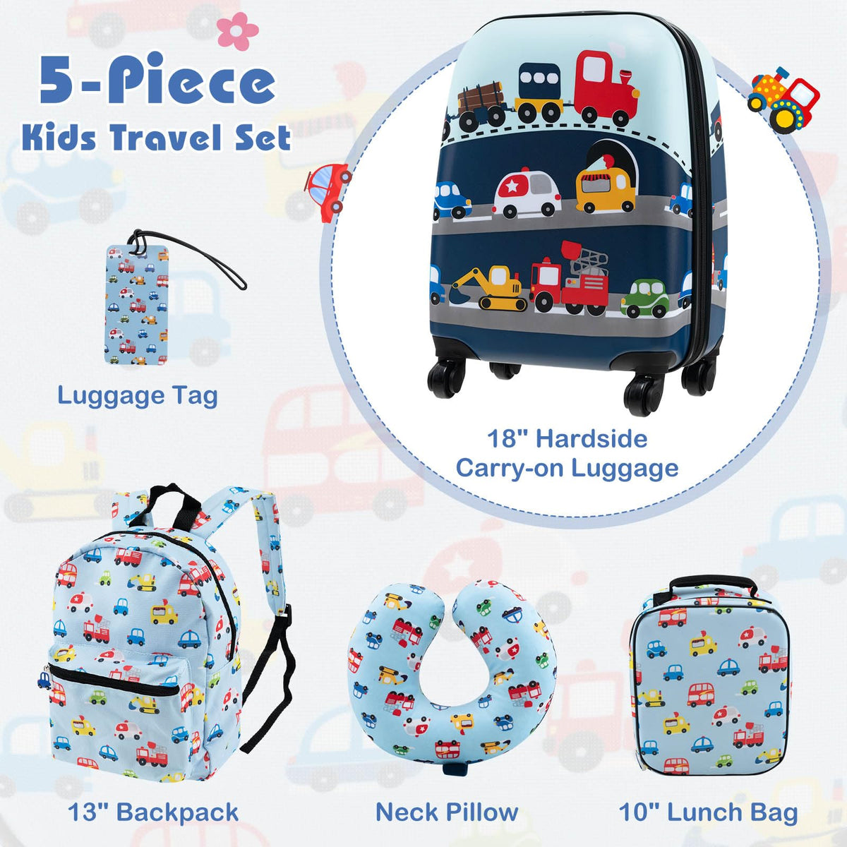 5 Piece Kids Luggage Set with Backpack and Neck Pillow & Name Tag