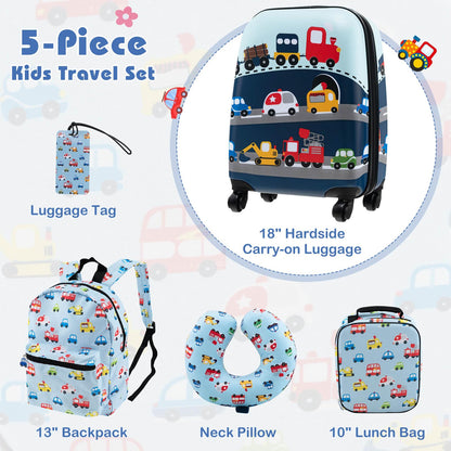 5 Piece Kids Luggage Set with Backpack and Neck Pillow & Name Tag