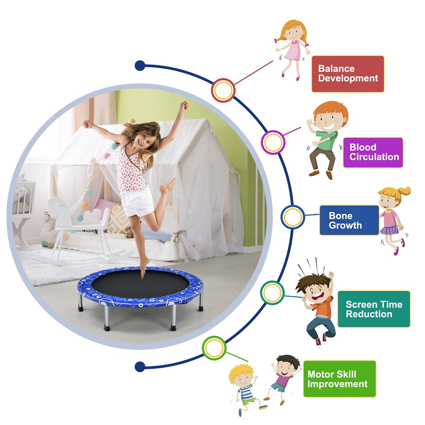 36” Kids Trampoline, Foldable Mini Rebounder with Full Covered Handle and Safety Pad