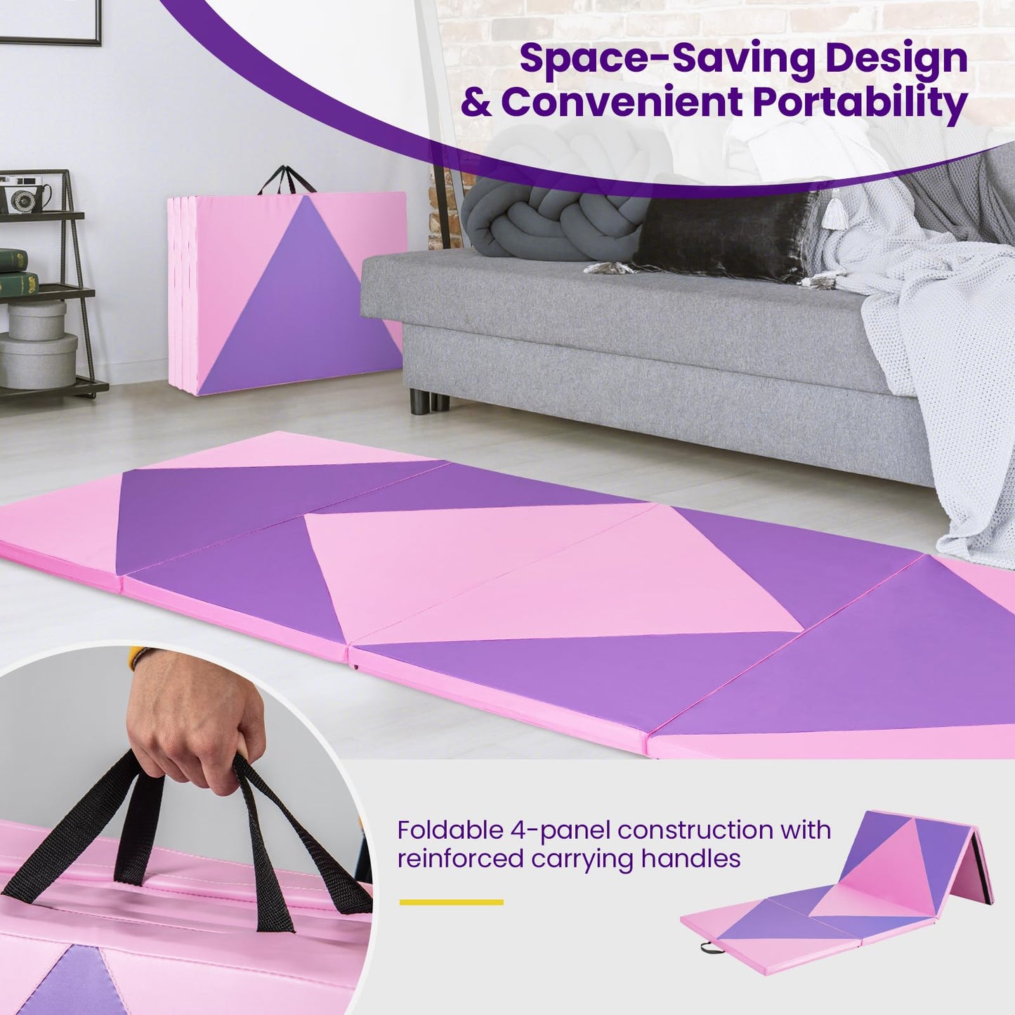 300 cm x 117 cm x 5 cm Folding Exercise Mat with Hook & Loop Fasteners & Carrying Handle