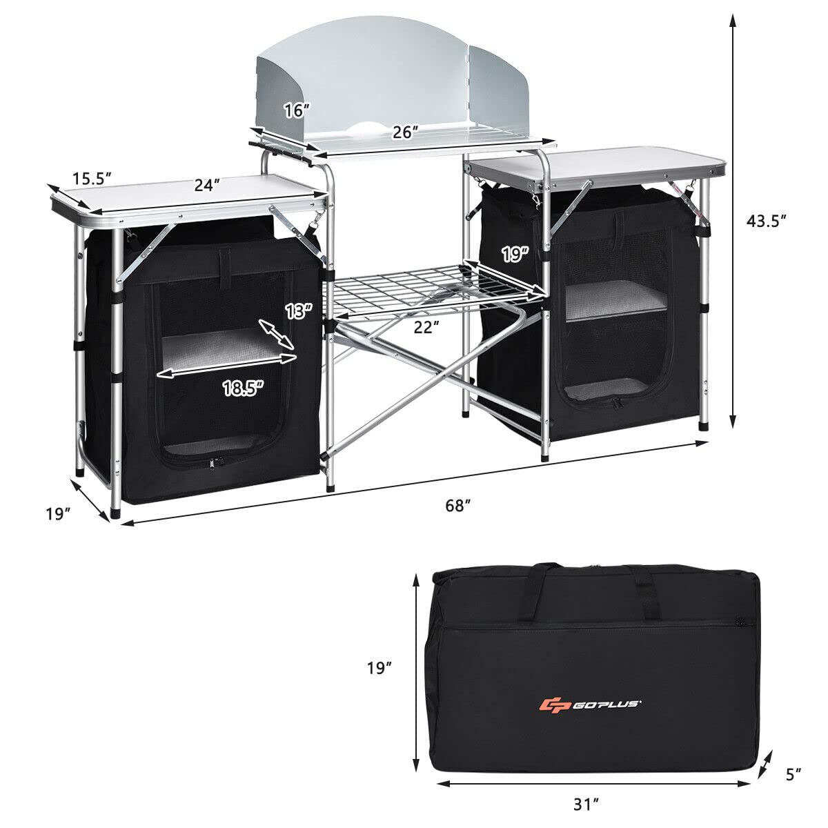 Portable Camping Kitchen Table Aluminum Fold-Up Camping Kitchen with Windscreen