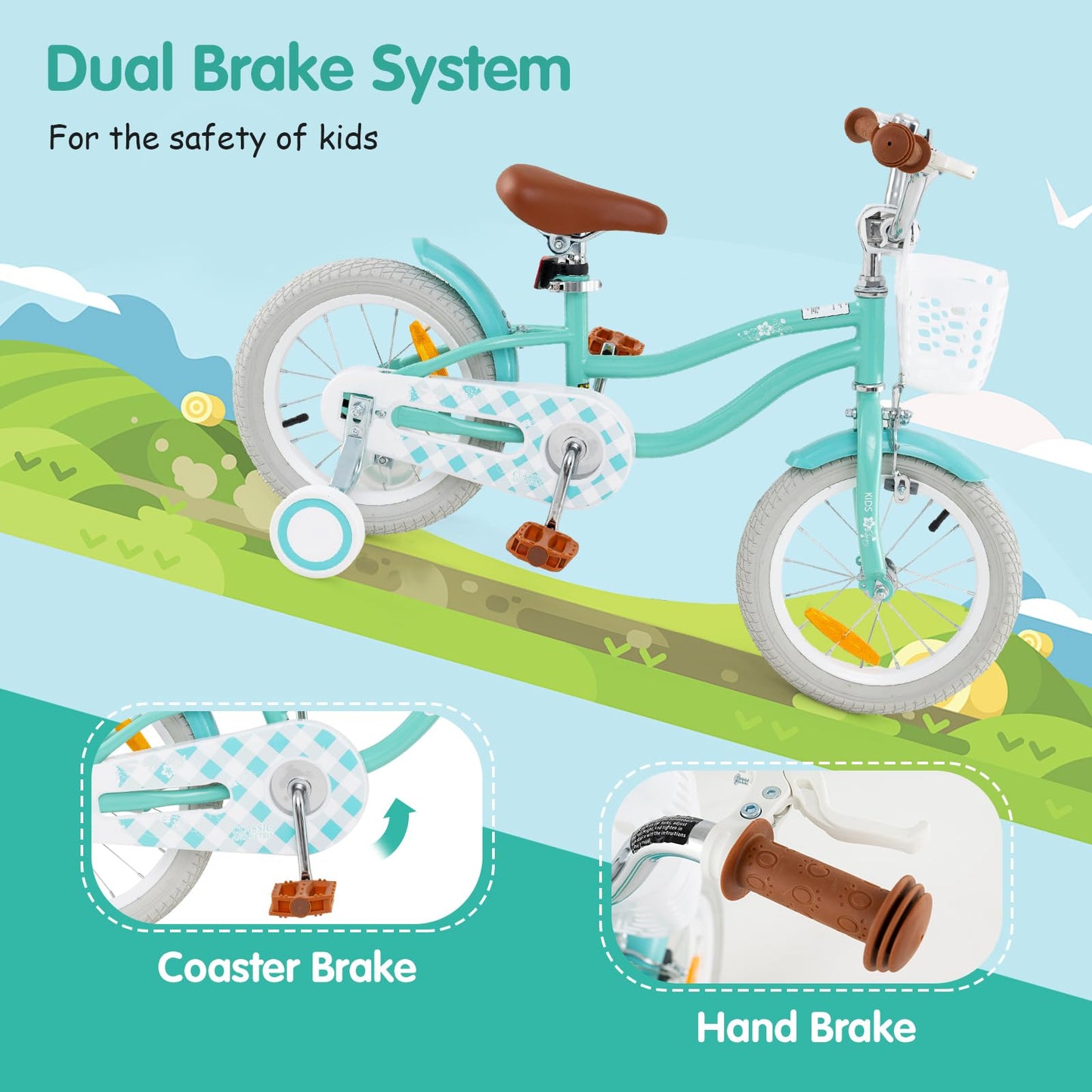 Kids Bike with Front Handbrake and Rear Coaster Brake for 3-4/3-5/4-7/4-8 Years Old
