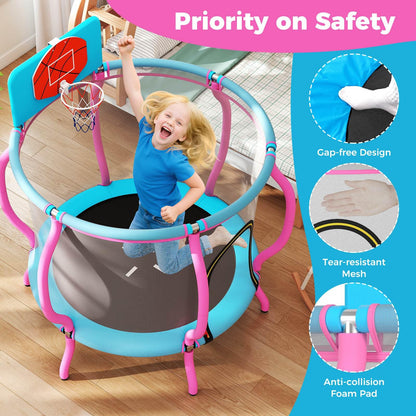 120cm Kids Trampoline with Basketball Hoop and Tall Enclosure Net