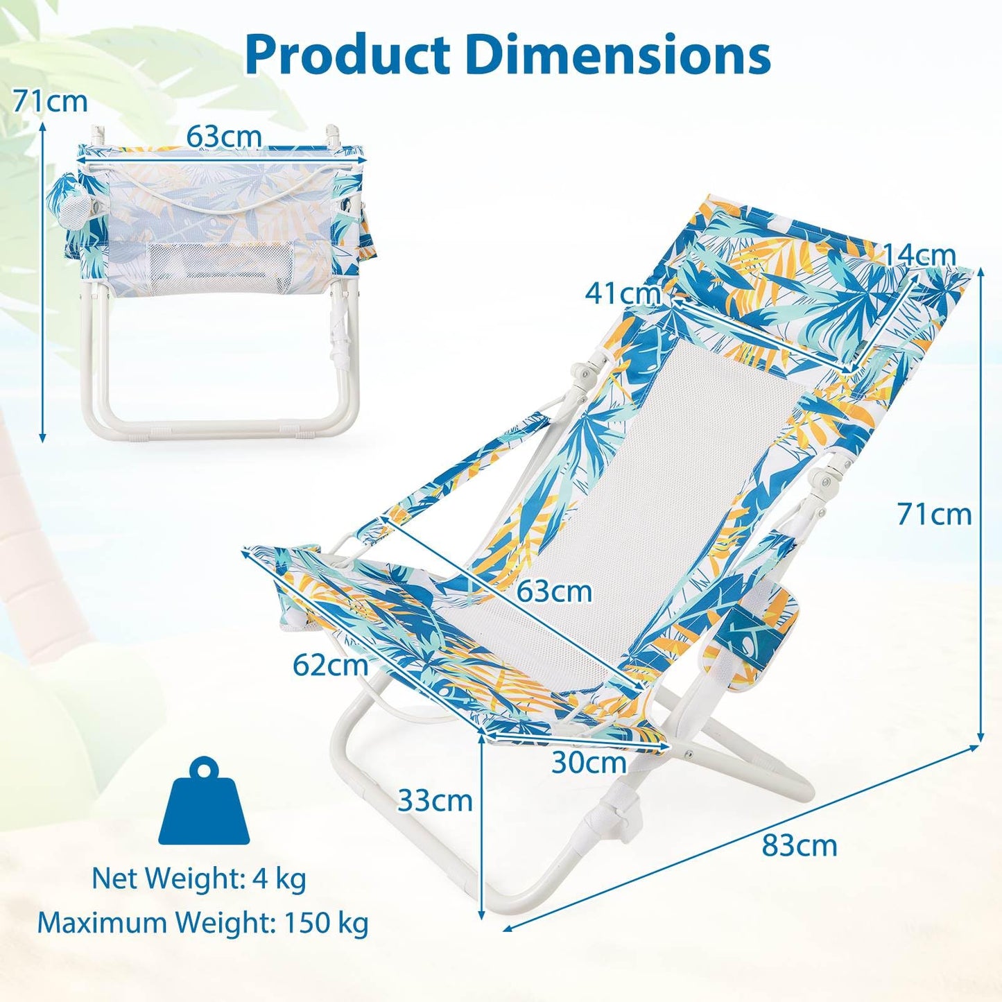 Folding Low Beach Chair Set of 2 with Padded Head Pillow