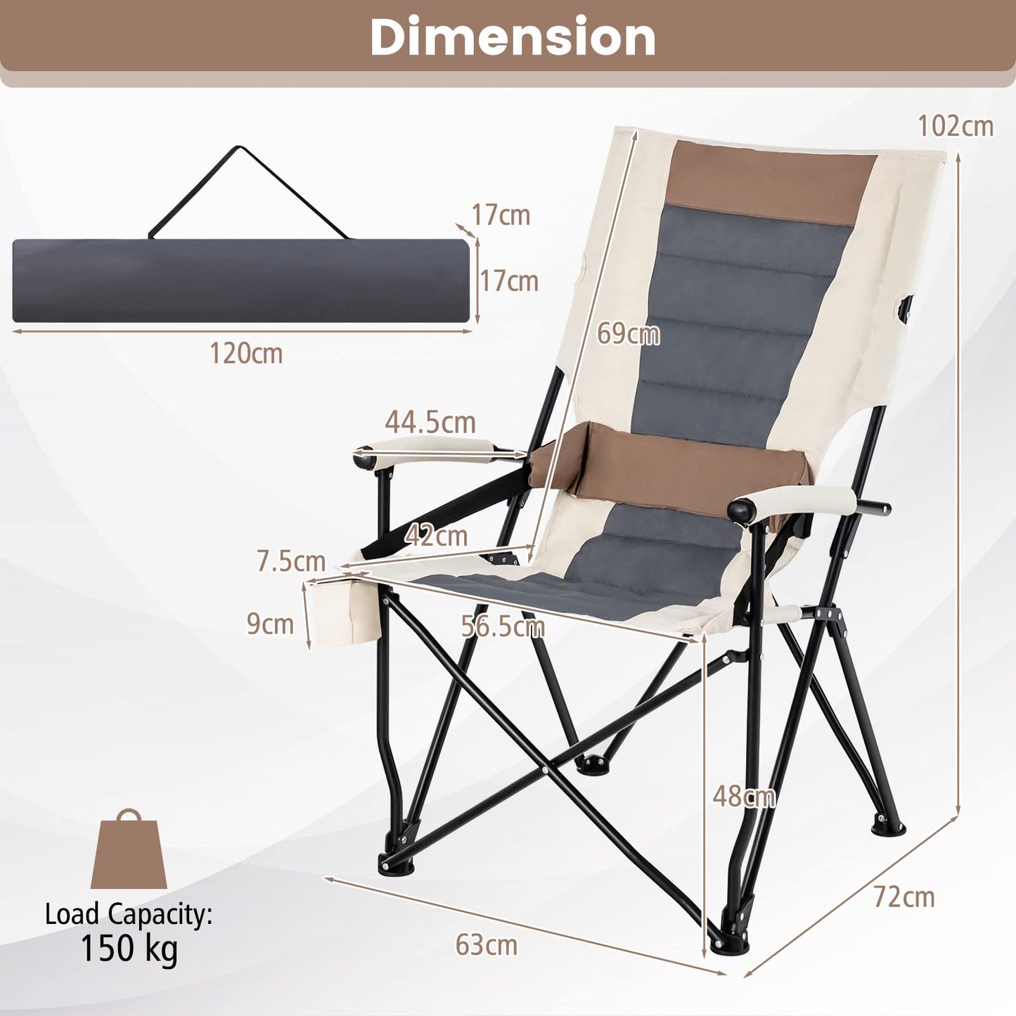 Portable High Back Camping Chair with Hard Armrest and Waist Pillow