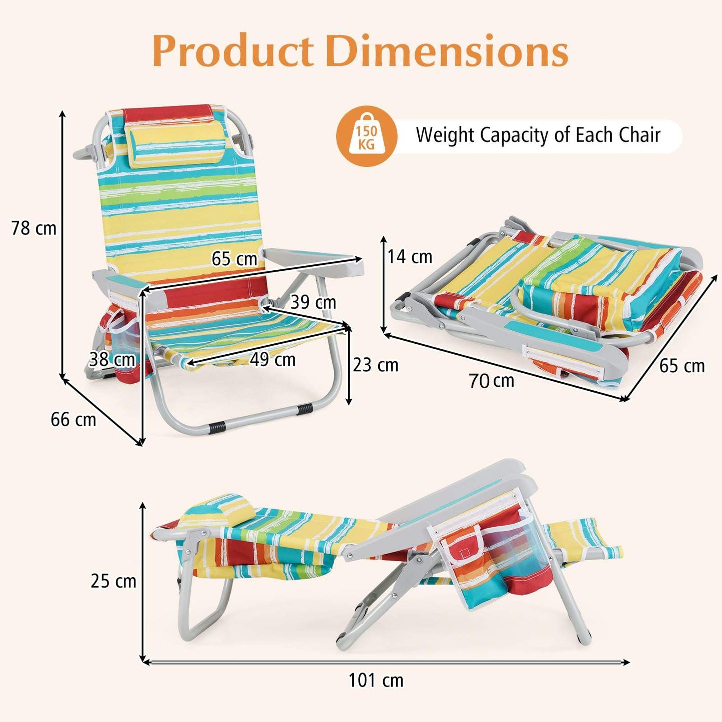 Foldable 5-Position Backpack Beach Chair with Cup Holder