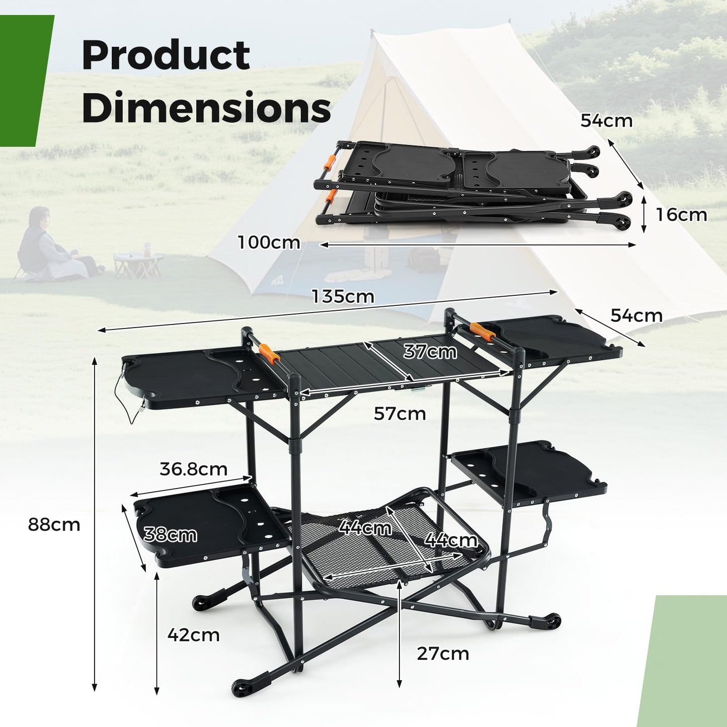 Folding Portable Camping Kitchen Table w/Heat-Resistant Aluminum Tabletop
