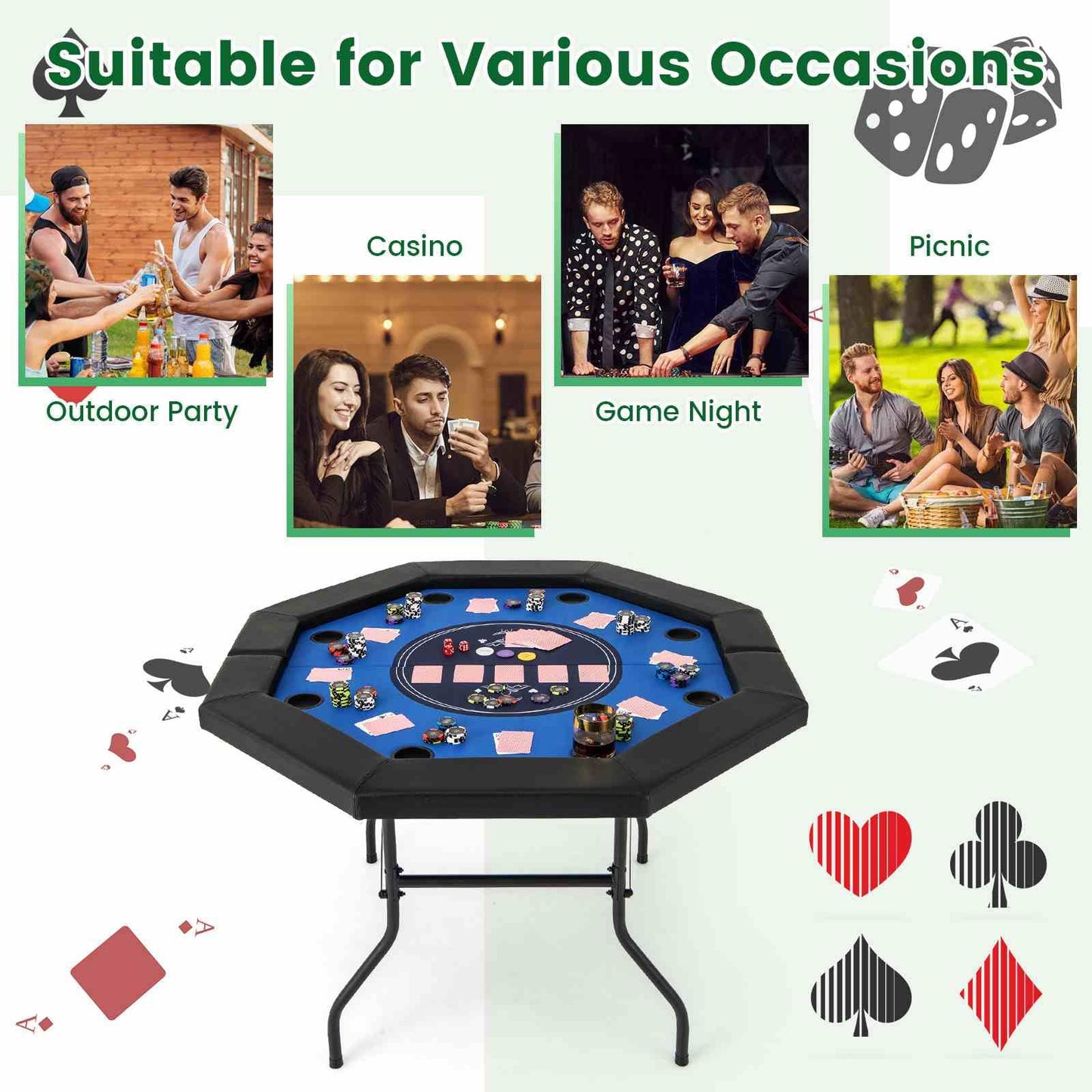 122cm Foldable Poker Table for 8 Players Octagon Poker Card Board Game Leisure Table