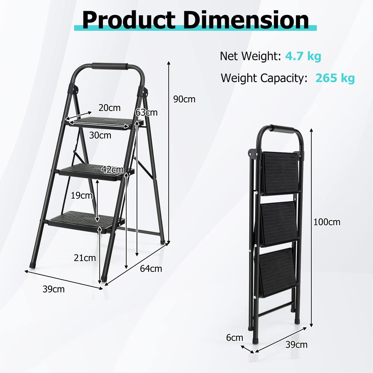 3 Step Ladder with Wide Anti-Slip Pedal for Household/Office/Garden