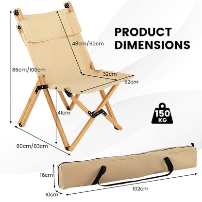 Outdoor Bamboo Chair with 2-Level Adjustable Backrest No Assembly Required