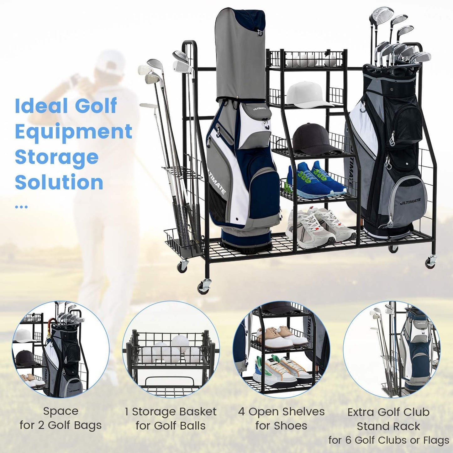 Golf Bag Organizer with Lockable Wheels for Garage