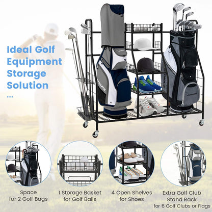 Golf Bag Organizer with Lockable Wheels for Garage