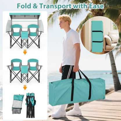 Double Beach Chair with Adjustable Canopy and 3 -Side Shading Curtains