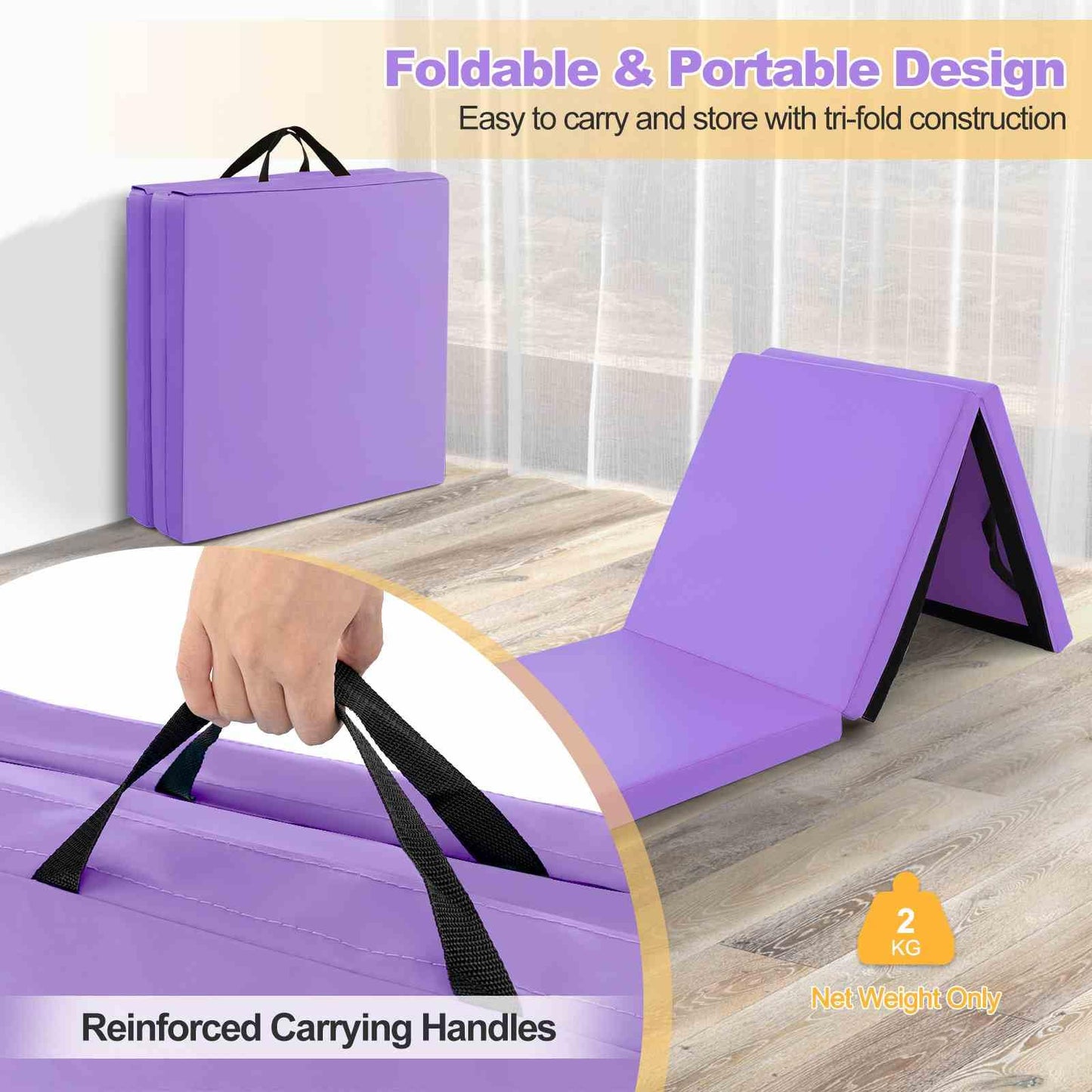 180 x 60 cm Portable 3-Fold Tumbling Mat with 2 Handles