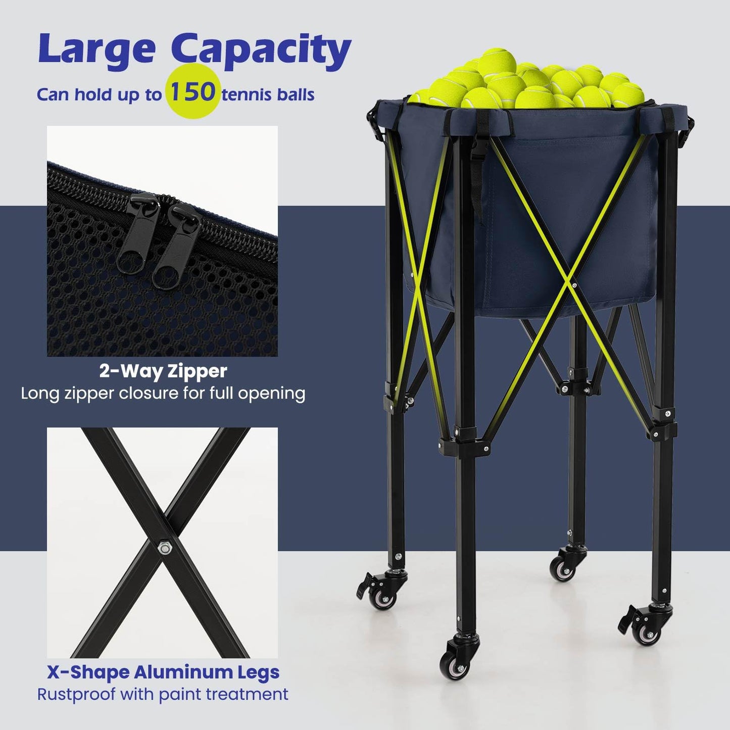 Lightweight Aluminum Tennis Ball Hopper Basket with Wheels and Removable Bag