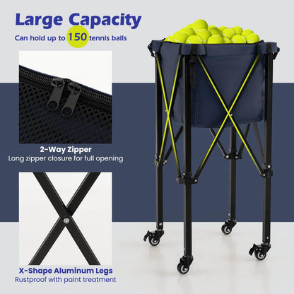 Lightweight Aluminum Tennis Ball Hopper Basket with Wheels and Removable Bag