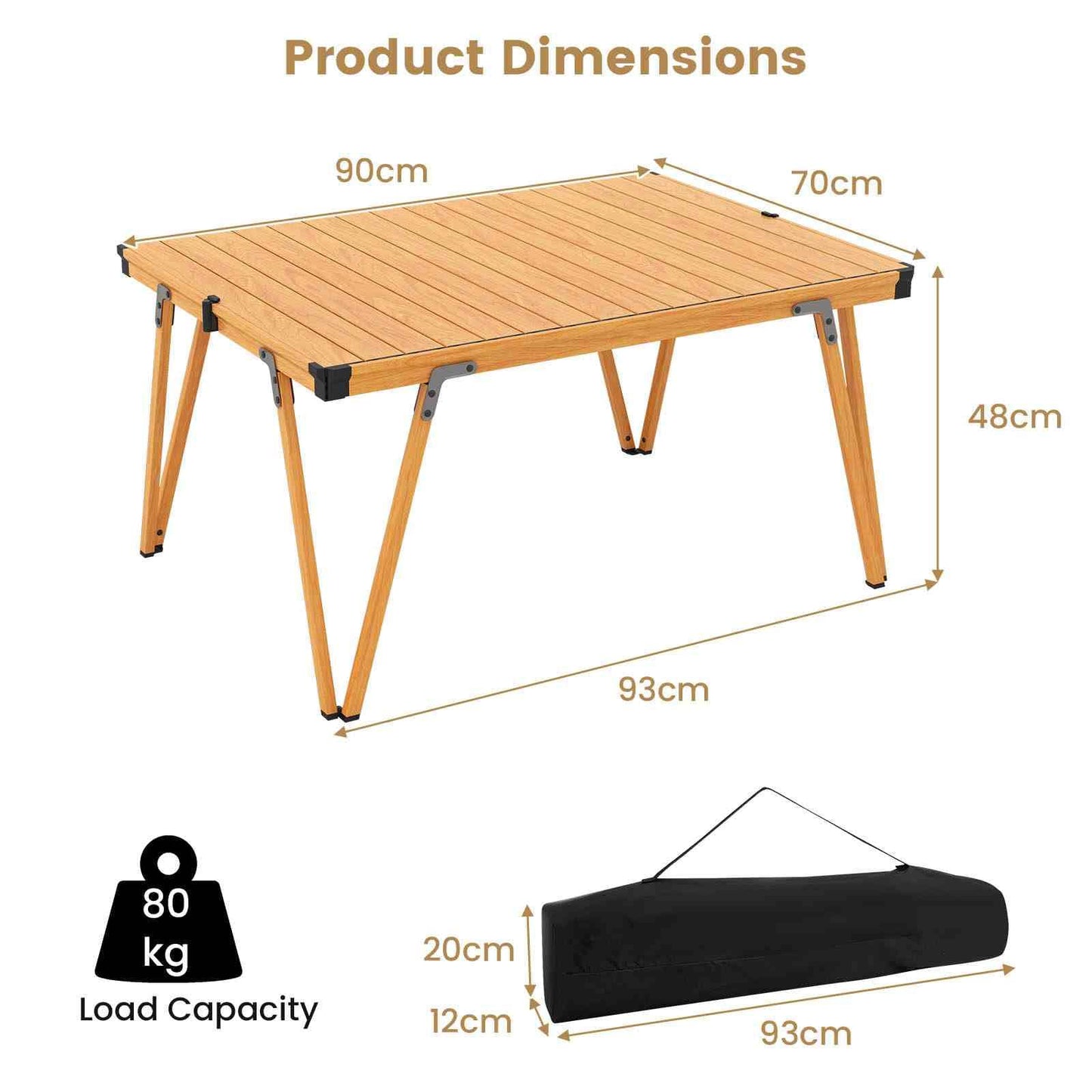 Folding Camping Table w/Storage Bag and Waterproof Desktop 80kg Load Capacity