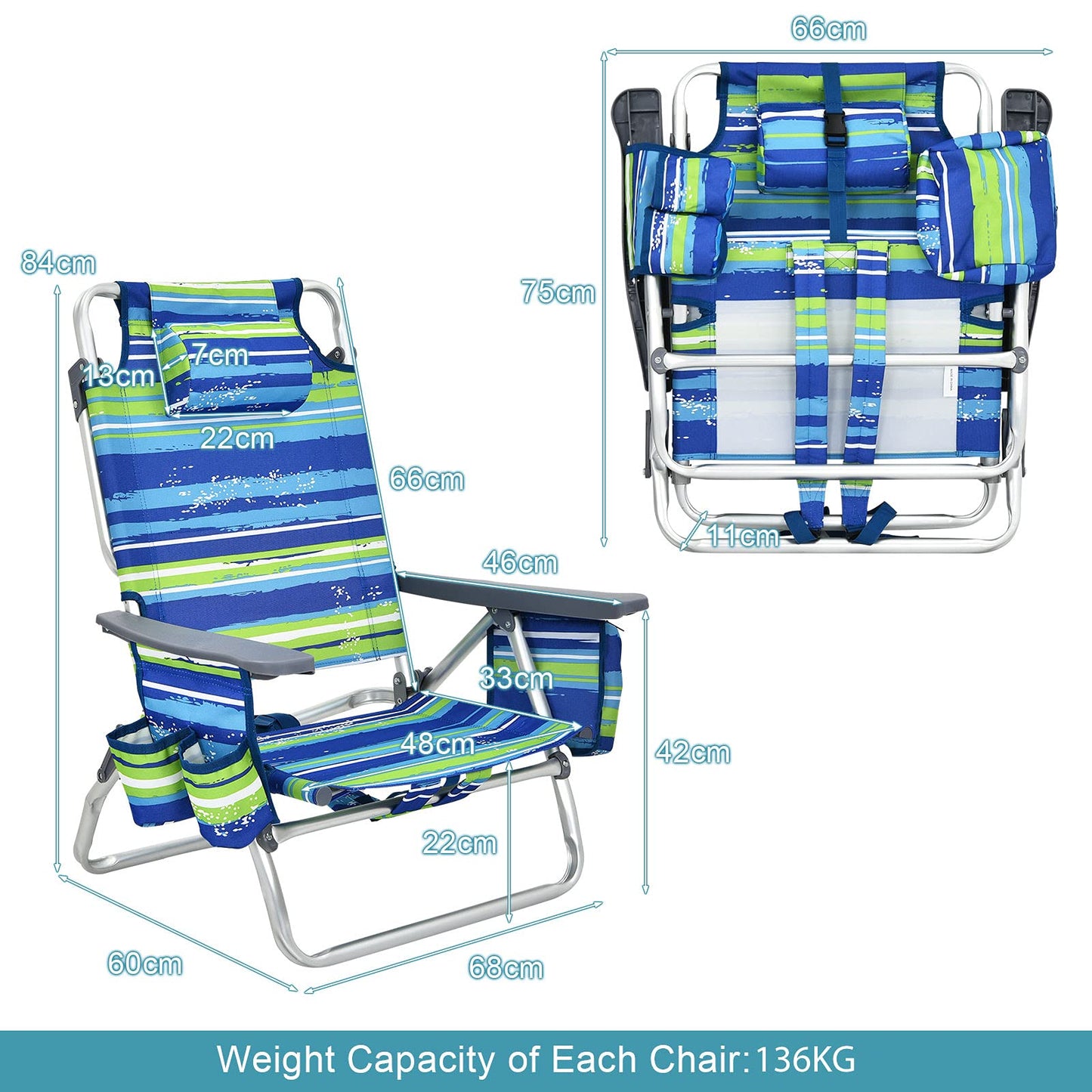 2-Pack Folding Backpack Beach Chair 5-Position Outdoor Reclining Chairs with Pillow