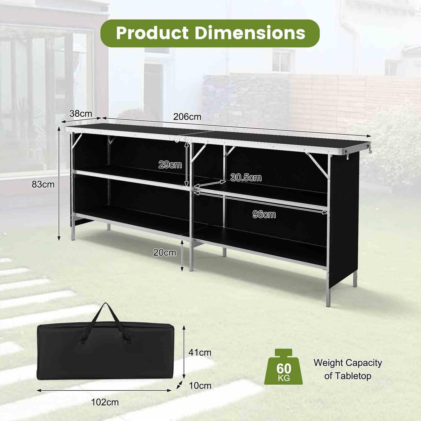Aluminum Portable Picnic Table w/ 2-Tier Open Shelves & Spacious Tabletop