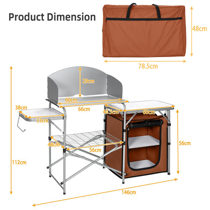 Outdoor Camping Table with Storage Aluminium Folding Camp Kitchen with Windscreen