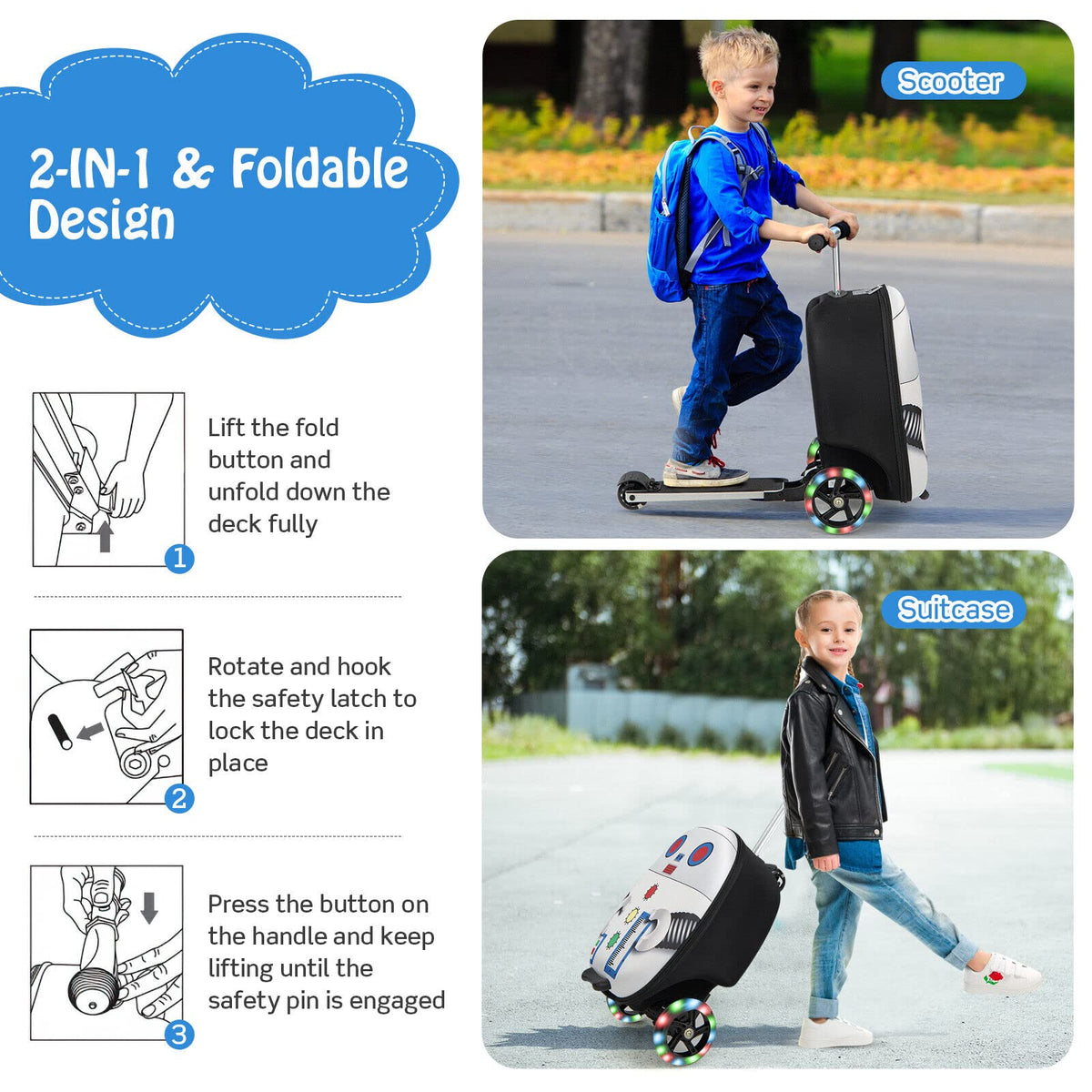 2-IN-1 Skateboard Luggage with 3 Color Lighted Wheels for Kids