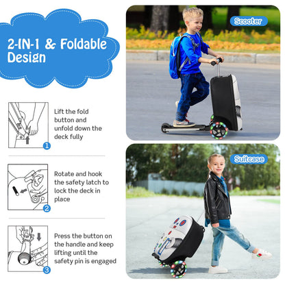 2-IN-1 Skateboard Luggage with 3 Color Lighted Wheels for Kids