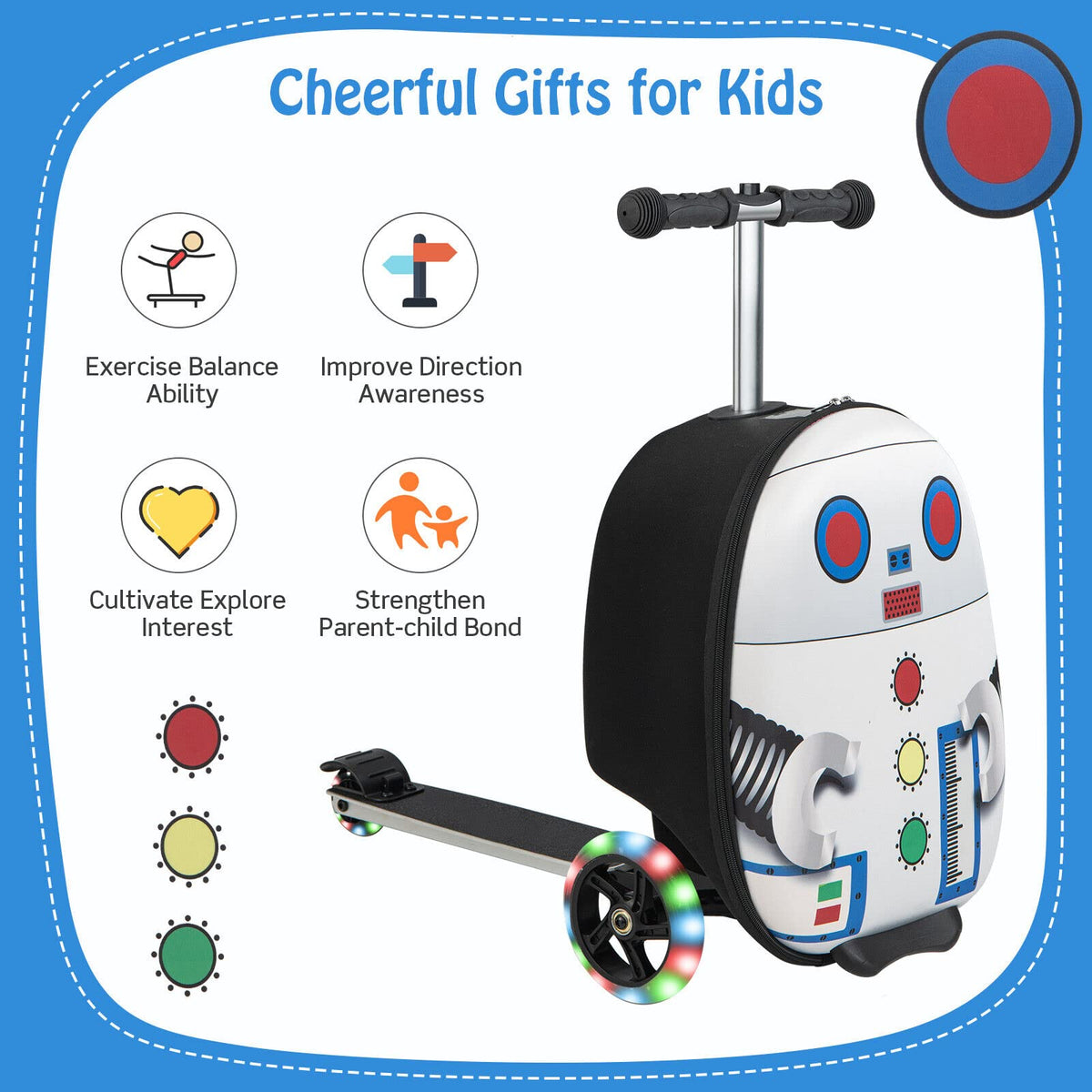 2-IN-1 Skateboard Luggage with 3 Color Lighted Wheels for Kids