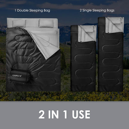 Double Sleeping Bag for 2 Persons with 2 Pillows for Cold & Hot Weather
