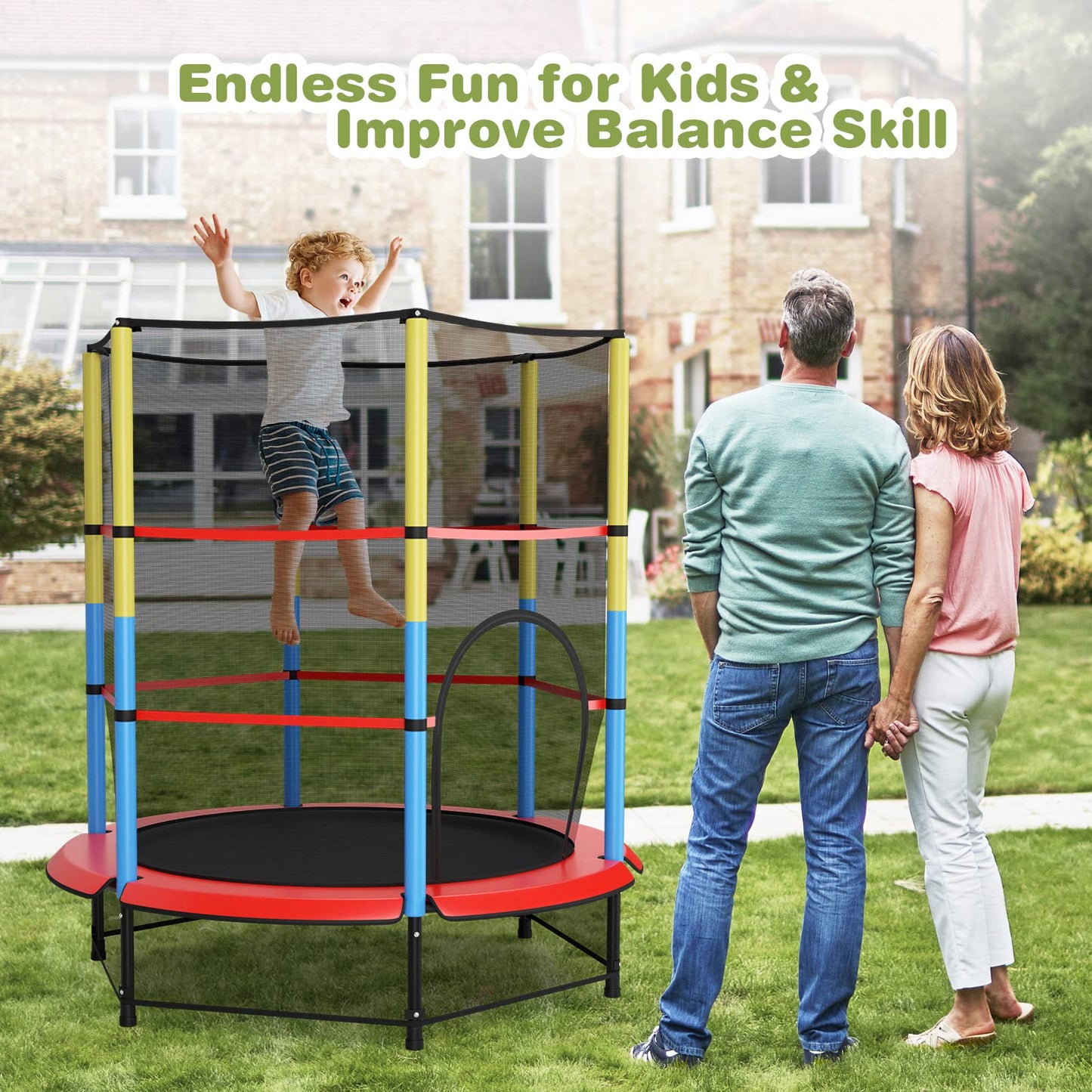 55" Kids Trampoline with Safety Enclosure Net for Boys & Girls Age 3-6