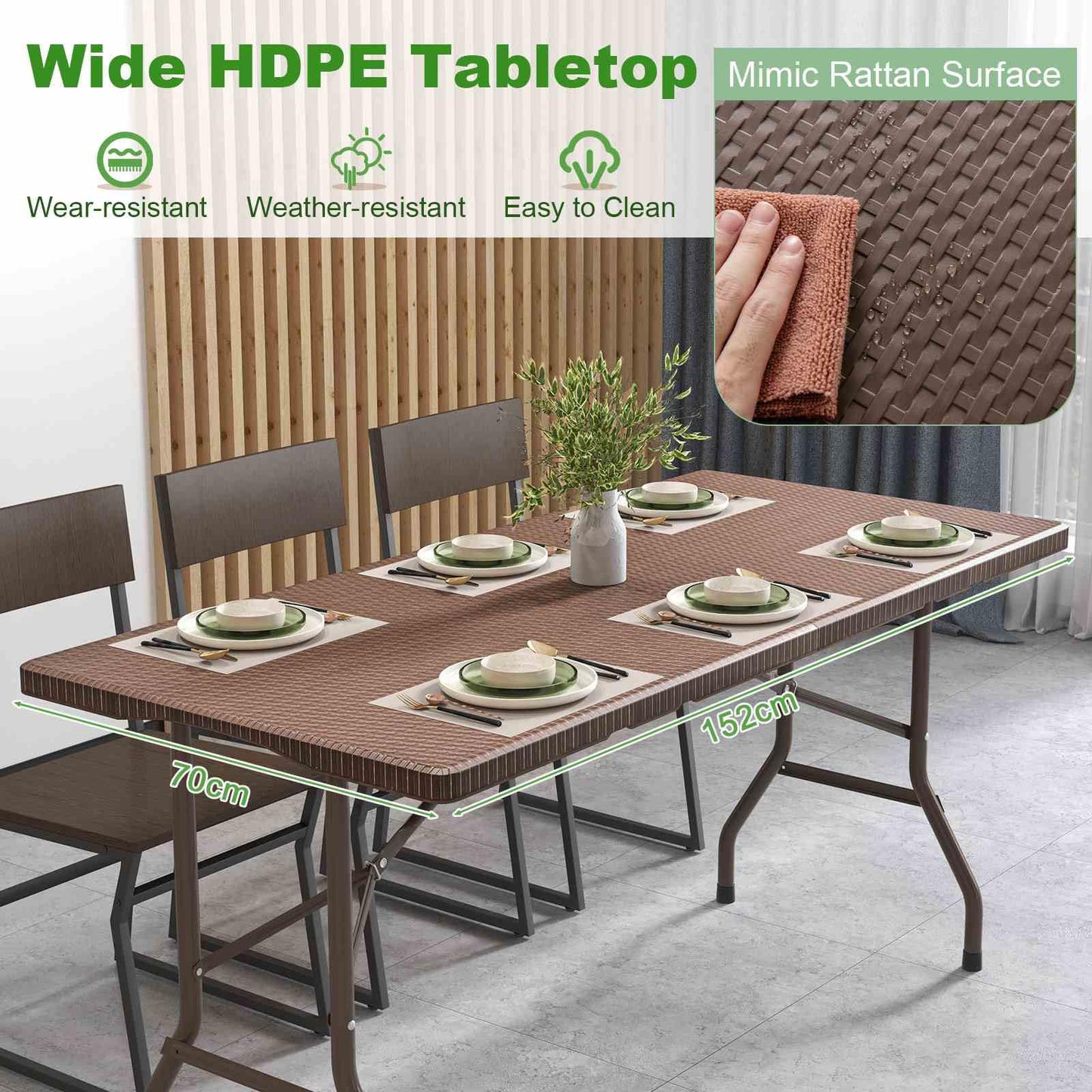 1.5m Folding Picnic Table w/Rattan Grain HDPE Tabletop