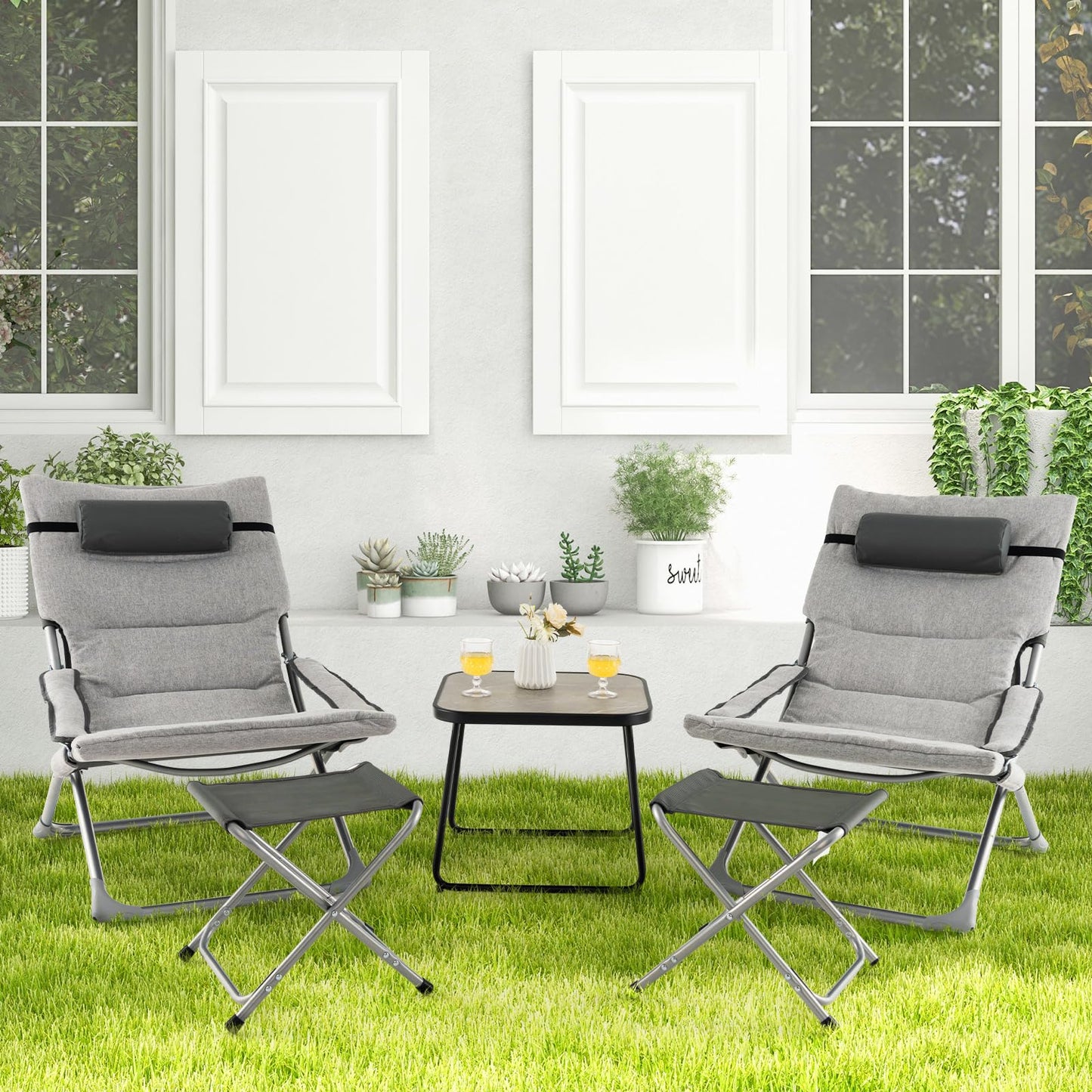 5 Piece Patio Sling Chair Set with Ottoman & Coffee Table