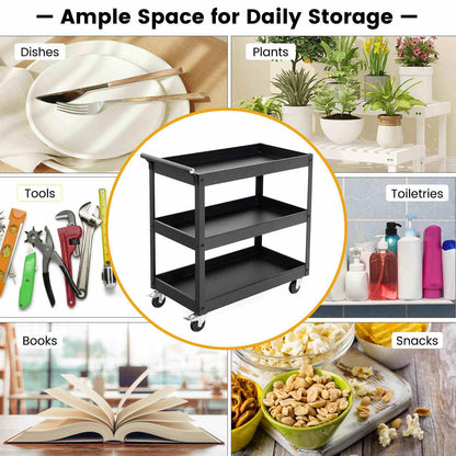 3-Tier Utility Cart with Humanized Handle for Office, Kitchen