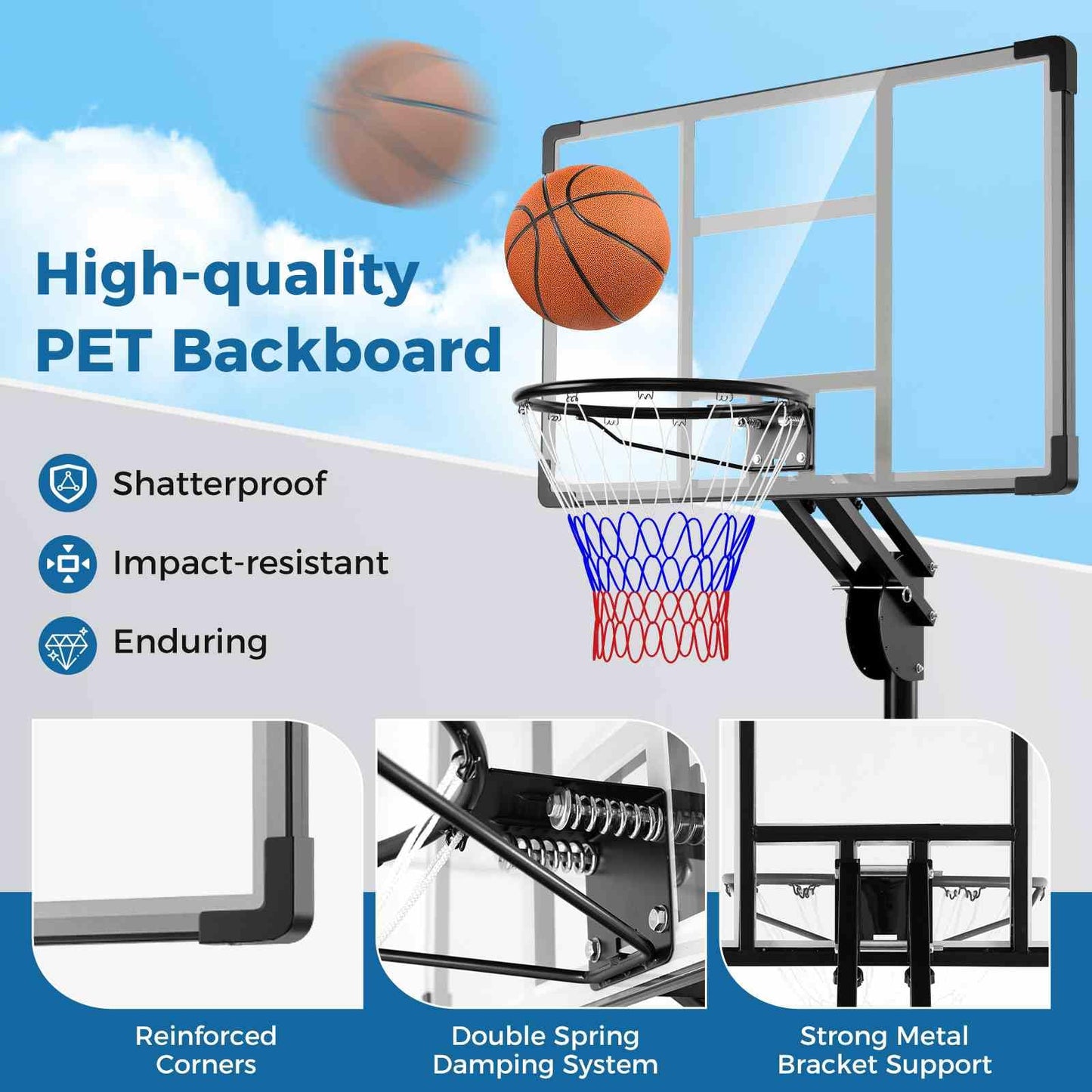 Adjustable Basketball Hoop with Shatterproof Backboard and 2 Wheels